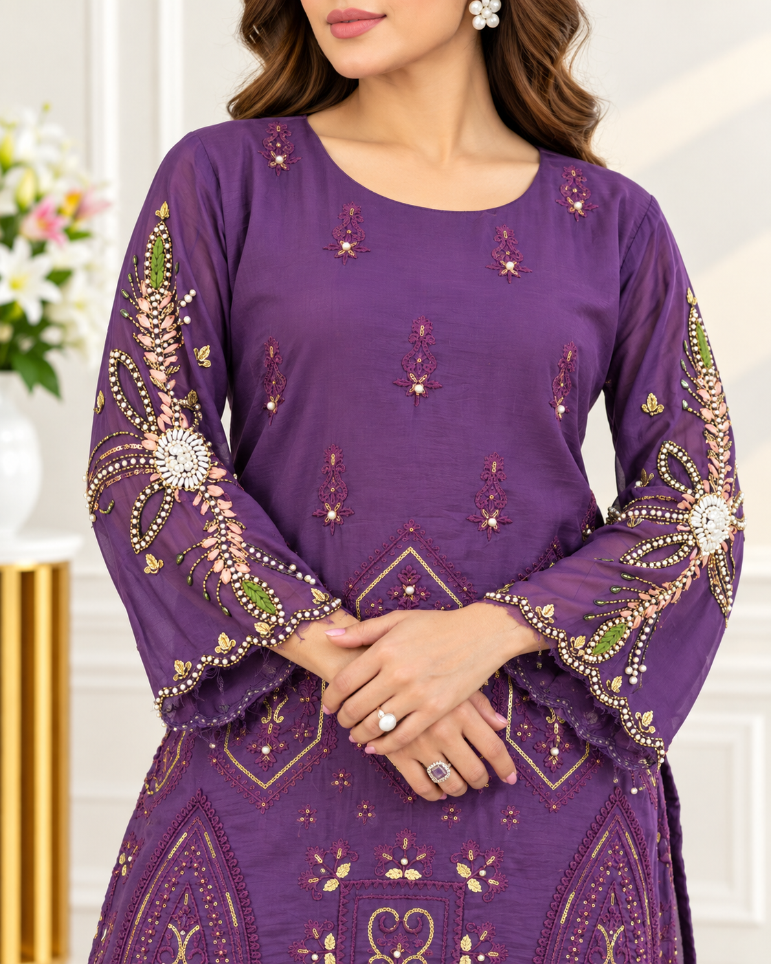 Zahra -e- Noor : Gold Embroidered Suit with Watercolor Dupatta