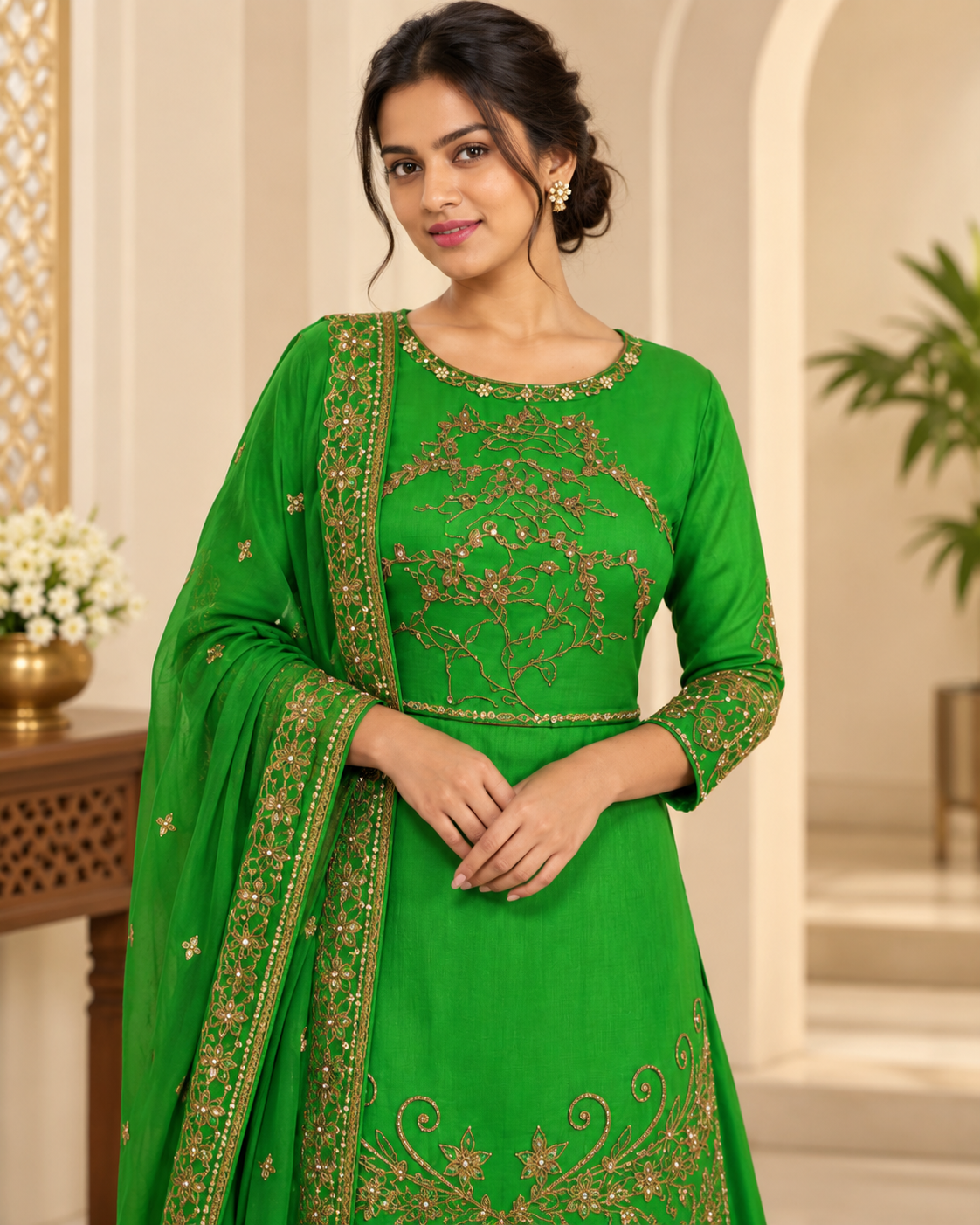 Zahra-E-Noor : Emerald Green Embroidered Anarkali Suit Set