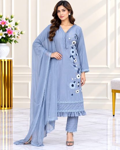 Zahra-E-Noor : Floral Embroidered Suit with Pintuck Detailing
