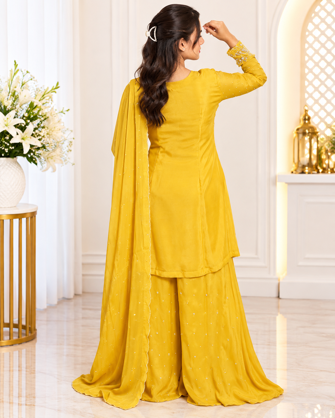 Noor-e-Mehfil - Yellow Feather Embroidered Sharara Suit