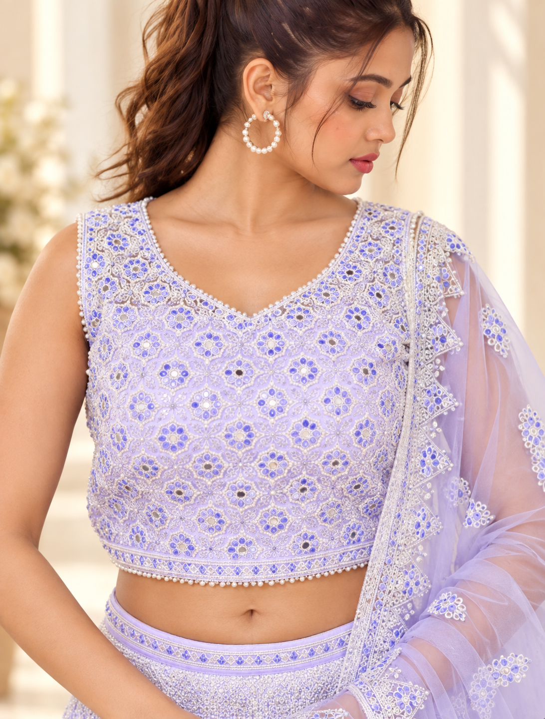 Raqs-e-Noor - Styled Pearl Embroidered Lehenga Set with Net Dupatta