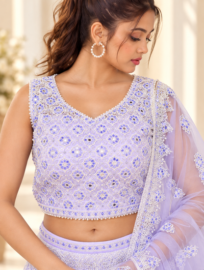 Raqs-e-Noor - Styled Pearl Embroidered Lehenga Set with Net Dupatta