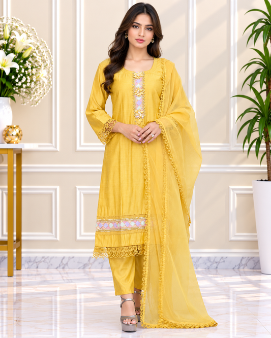 Zahra-E-Noor - Mustard Patchwork Embroidered Suit