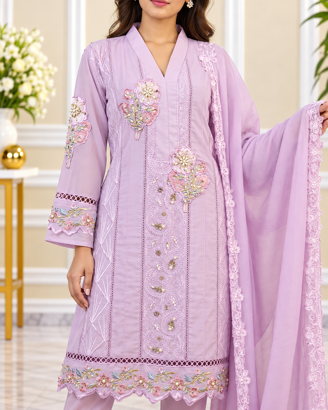 Zahra-E-Noor : Shawl Collar Sequin Embroidered Pakistani Suit