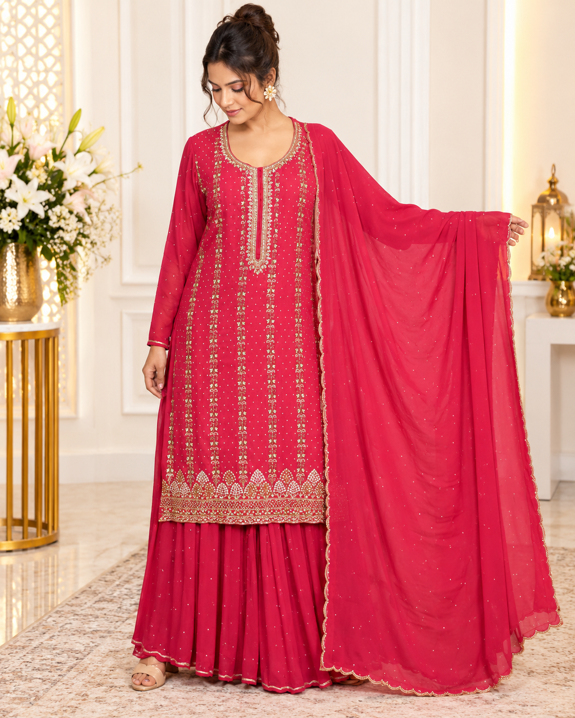 Noor-e-Mehfil - Gold - Pink Embroidered Kurta Sharara Suit