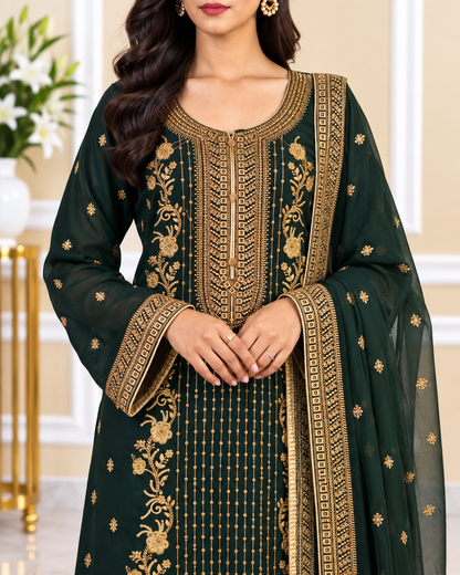 Noor-e-Mehfil - Green & Gold Threadwork Sharara Suit