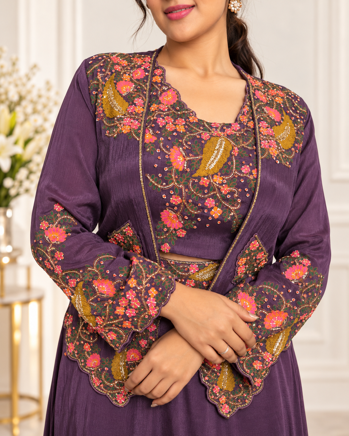 Meher-e-Noor - Floral Embroidery Jacket with Skirt