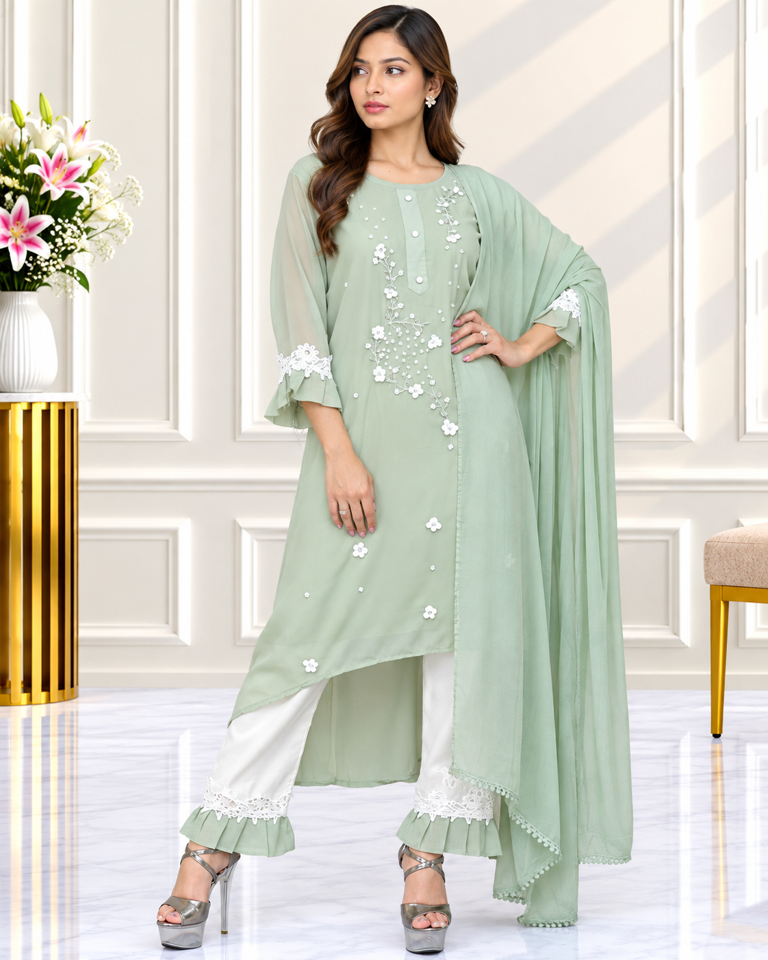 Zahra-E-Noor - 3D Floral Appliqué Asymmetric Pakistani Suit