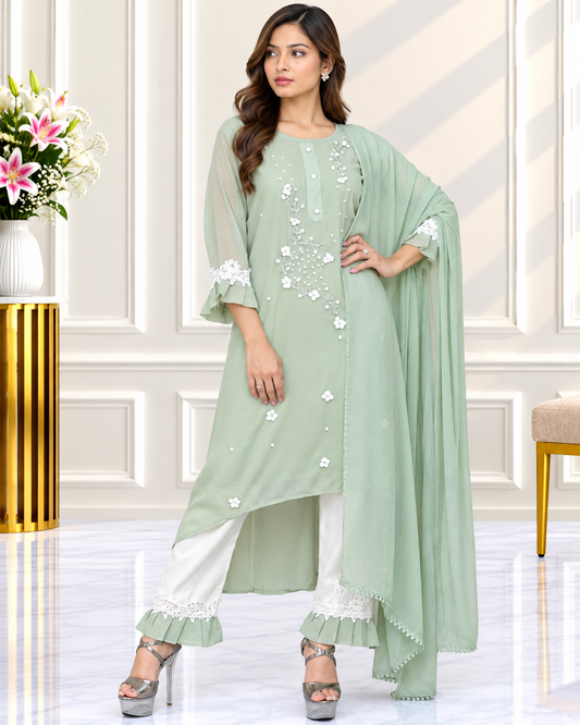 Zahra-E-Noor - 3D Floral Appliqué Asymmetric Pakistani Suit