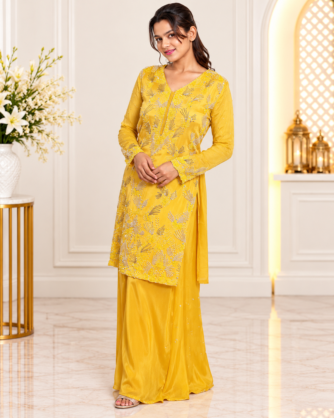 Noor-e-Mehfil - Yellow Feather Embroidered Sharara Suit