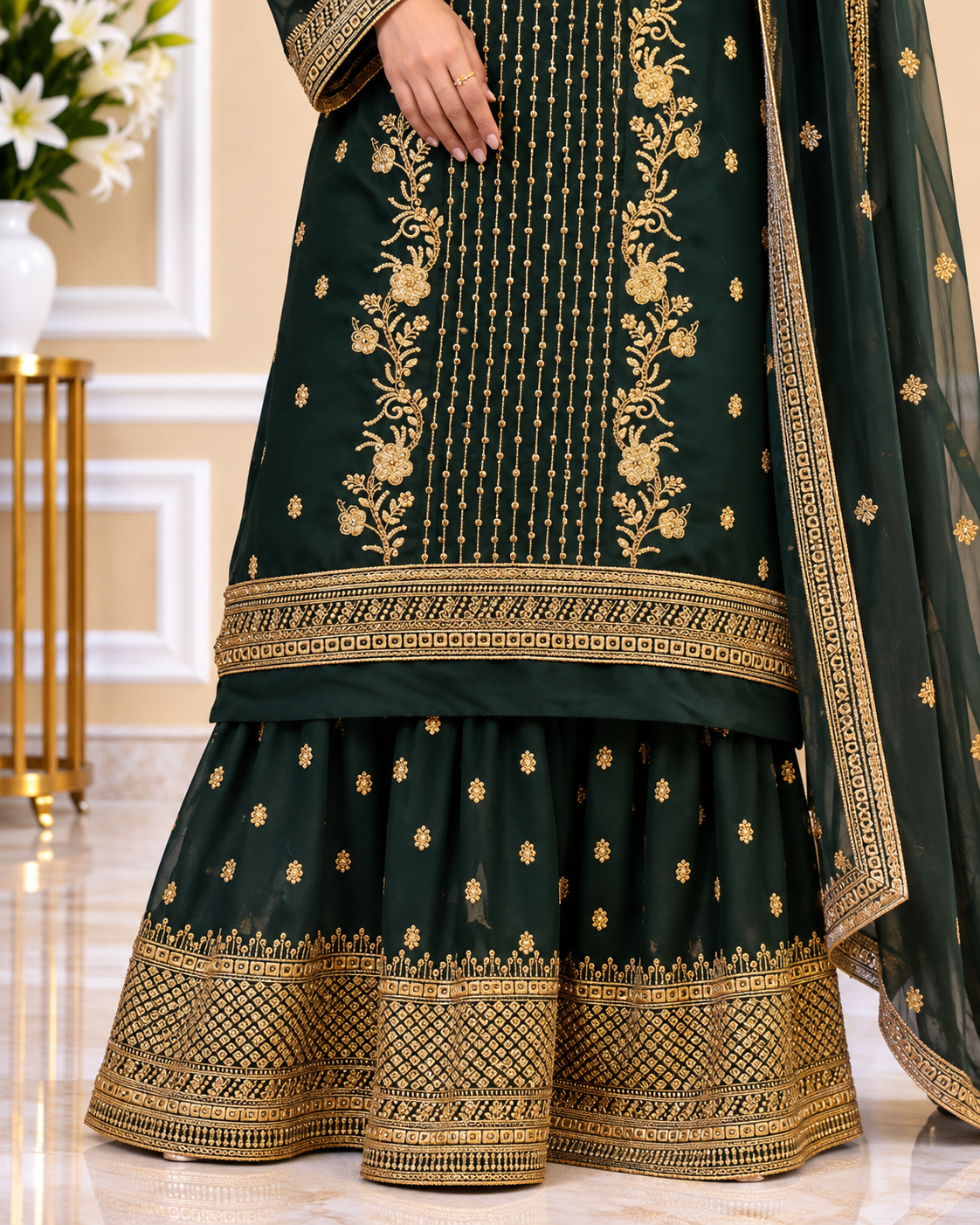 Noor-e-Mehfil - Green & Gold Threadwork Sharara Suit