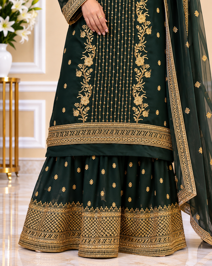 Noor-e-Mehfil - Green & Gold Threadwork Sharara Suit