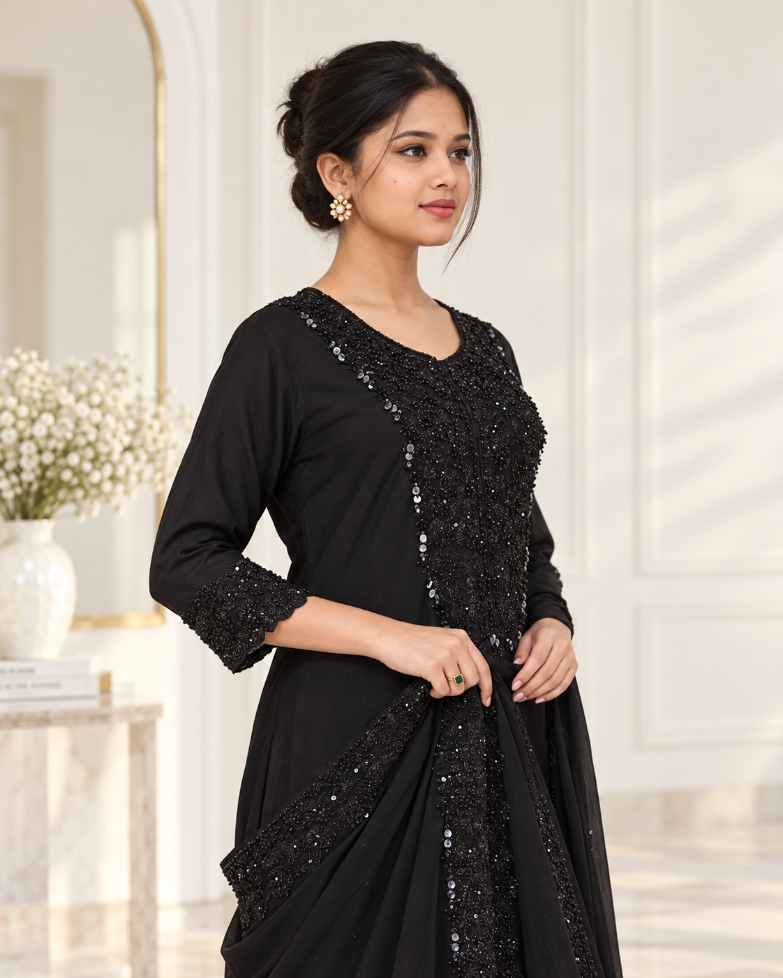 Zahra-E-Noor : Black Pearl Embroidered Suit Set with Dupatta