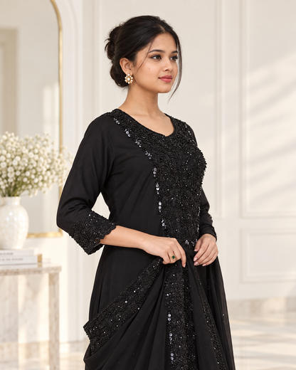 Zahra-E-Noor : Black Pearl Embroidered Suit Set with Dupatta