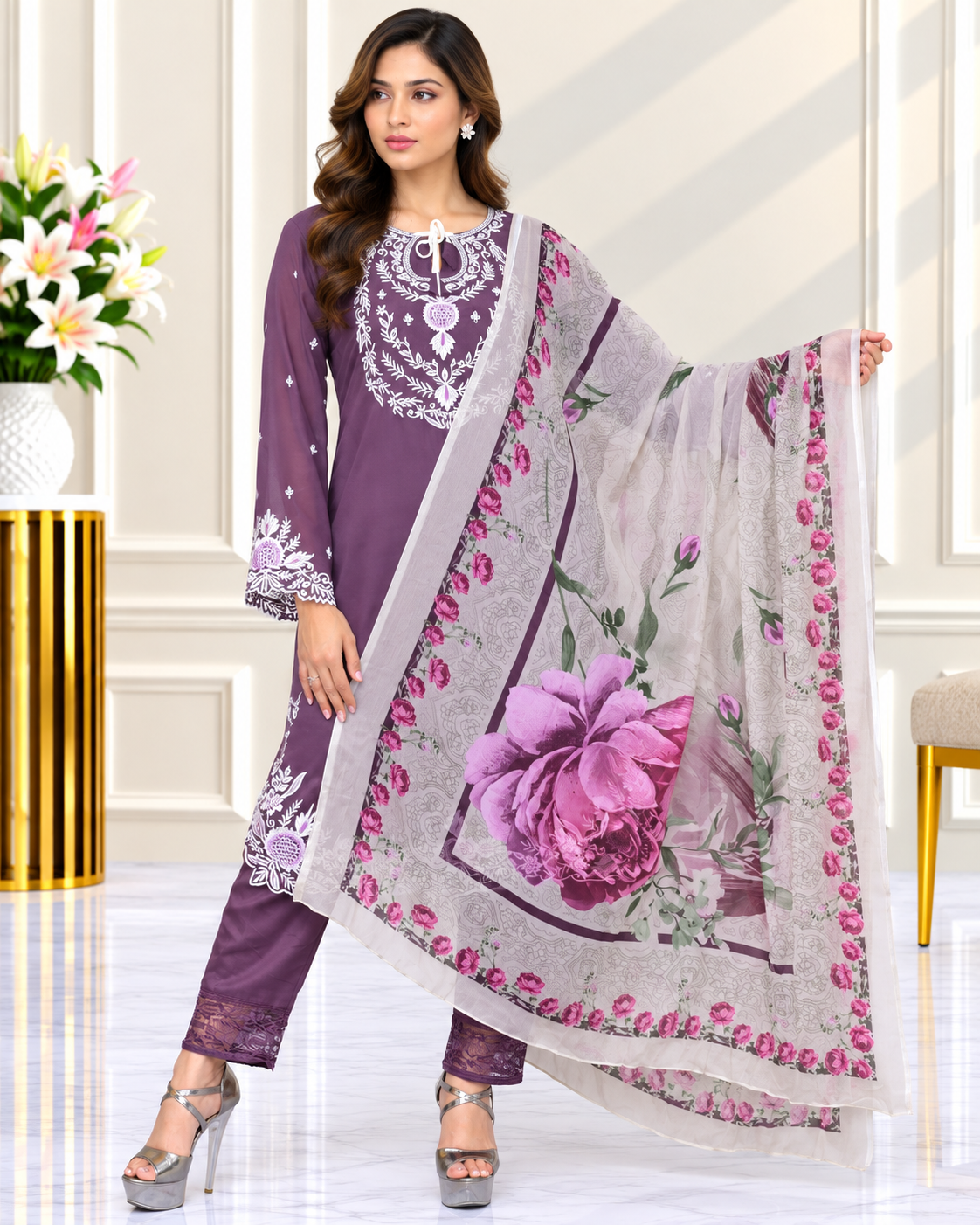 Zahra-E-Noor : Threadwork Embroidered 3-Piece Suit