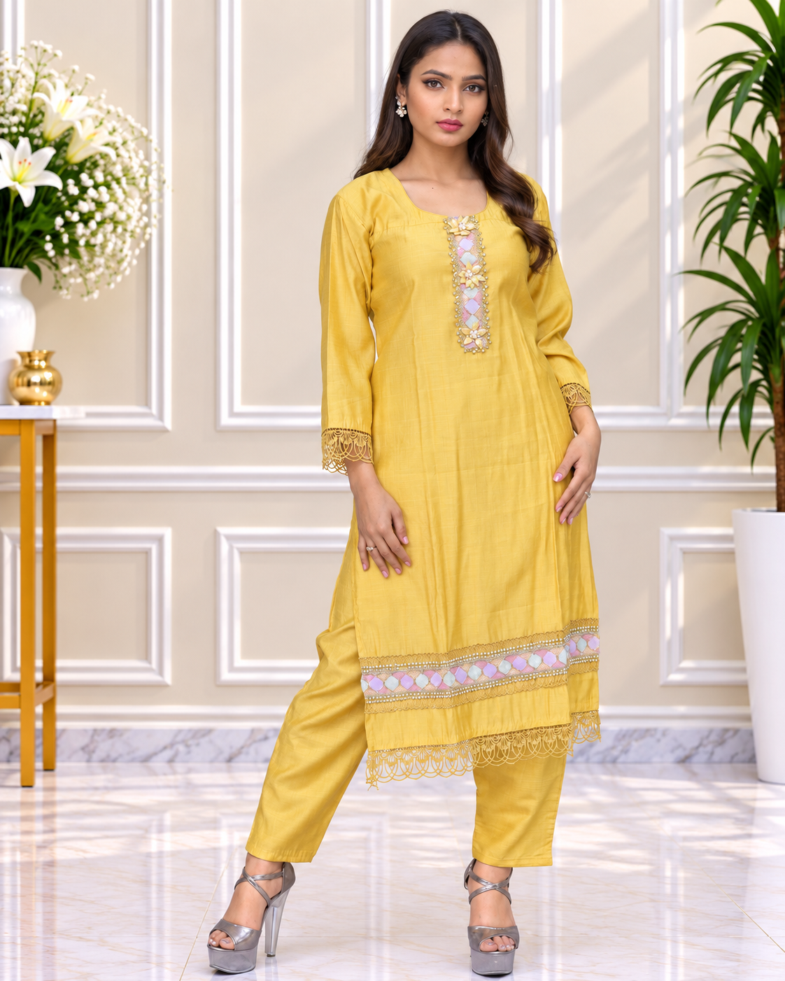 Zahra-E-Noor - Mustard Patchwork Embroidered Suit