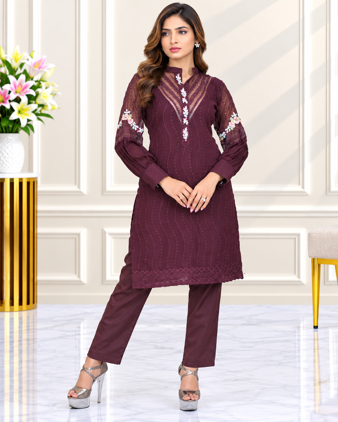 Zahra-E-Noor : Embroidered Suit with Printed Dupatta