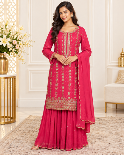 Noor-e-Mehfil - Gold - Pink Embroidered Kurta Sharara Suit