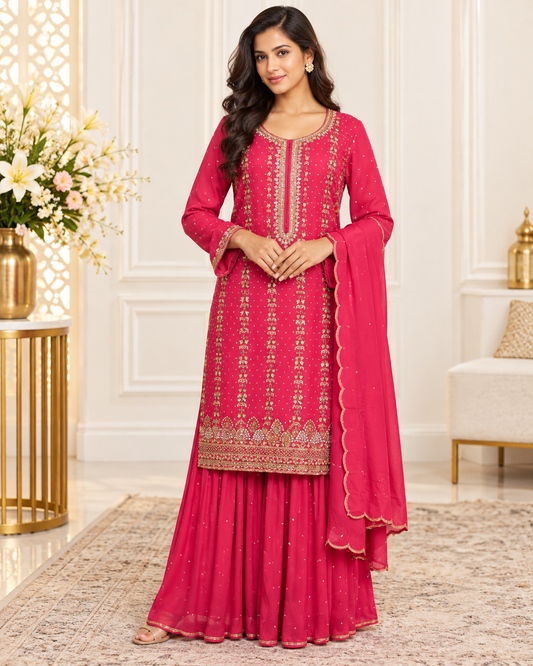 Noor-e-Mehfil - Gold - Pink Embroidered Kurta Sharara Suit