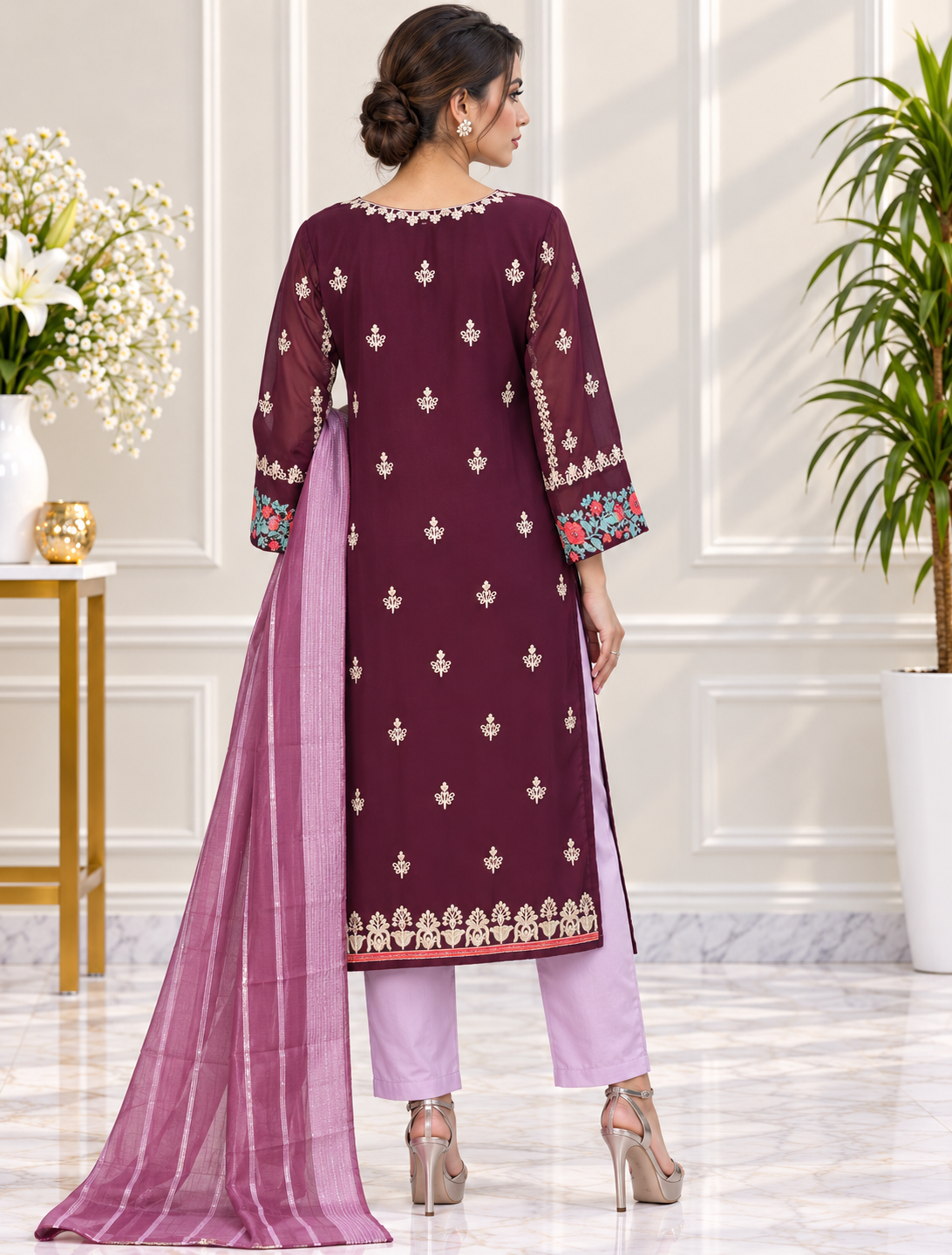 Zahra-E-Noor - Wine Lattice Embroidered Suit