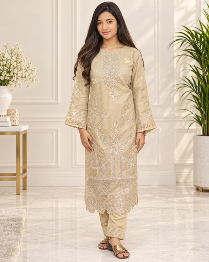 Zahra-E-Noor : Champagne Silver Sequin Embroidered Suit