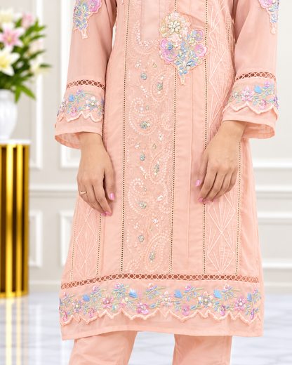 Zahra-E-Noor : Shawl Collar Sequin Embroidered Pakistani Suit