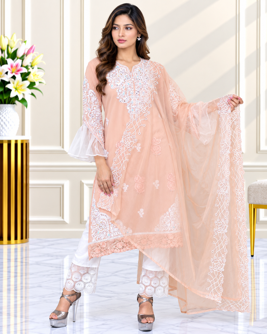 Zahra-E-Noor : Peach Blossom Embroidered Bell-Sleeve Suit