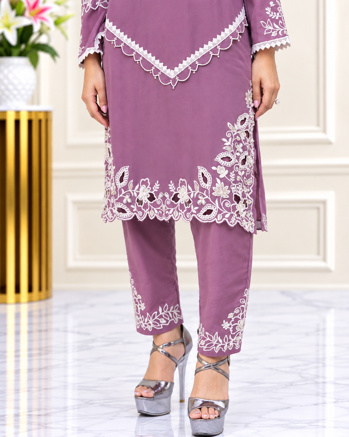 Zahra-E-Noor : Embroidered Pakistani Suit with Ruffled Cuffs