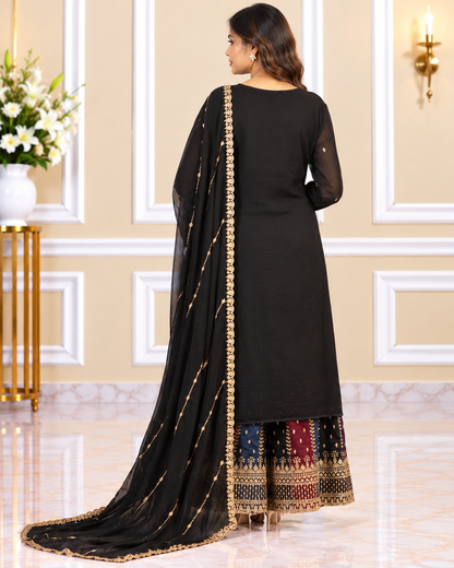 Noor-e-Mehfil -  Gold Striped Suit with Sharara