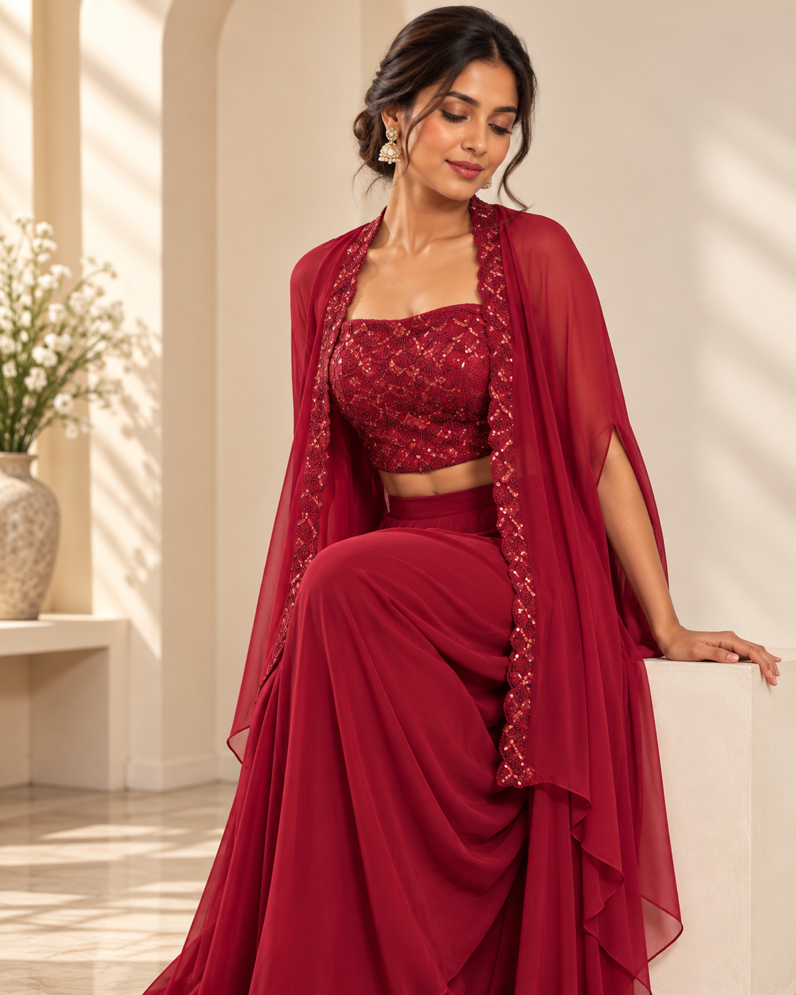 Meher-e-Noor - Embellished Three Piece Cape Plazzo Set