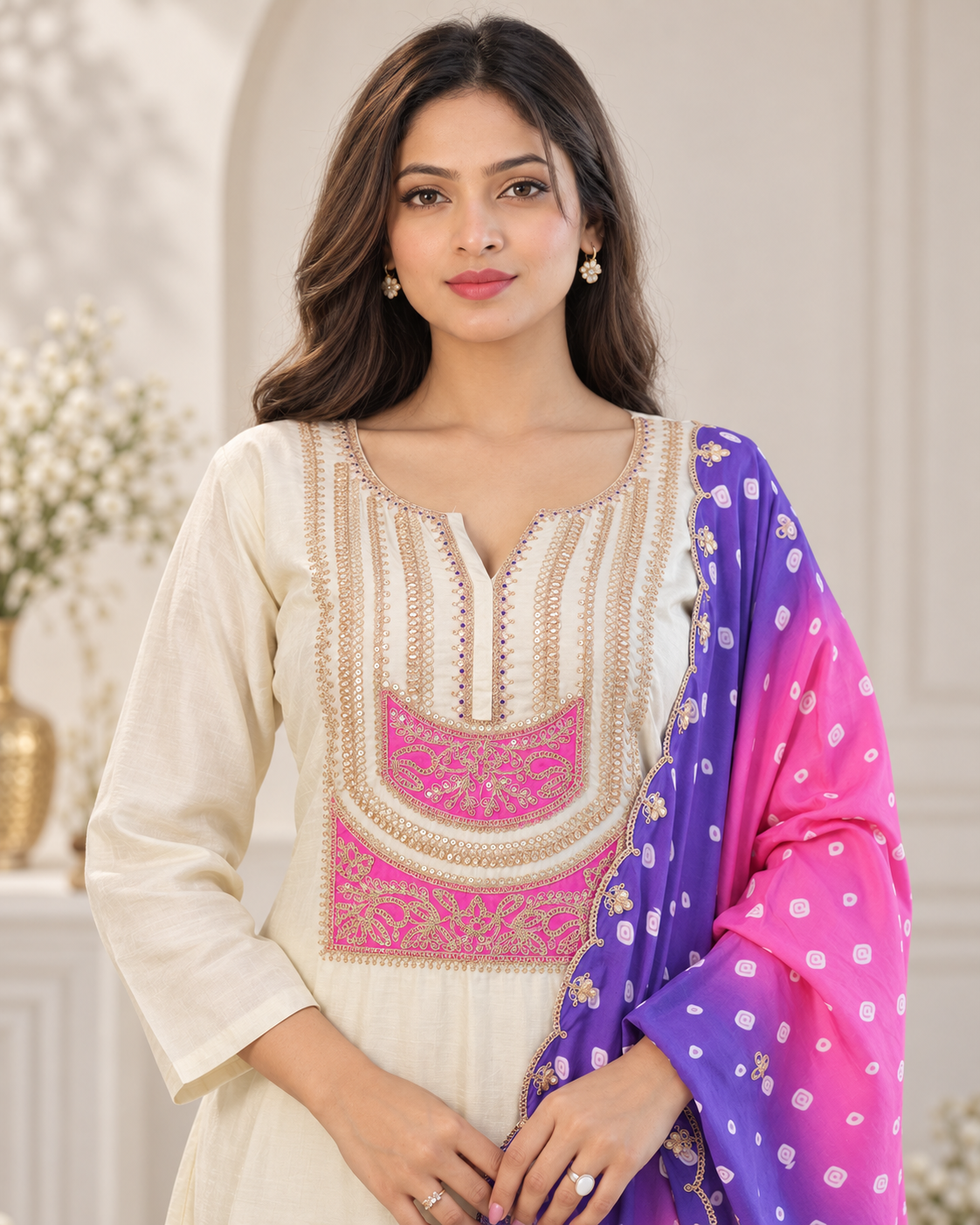 Zahra-E-Noor - Cream Kurta with Bandhani Ombre Dupatta
