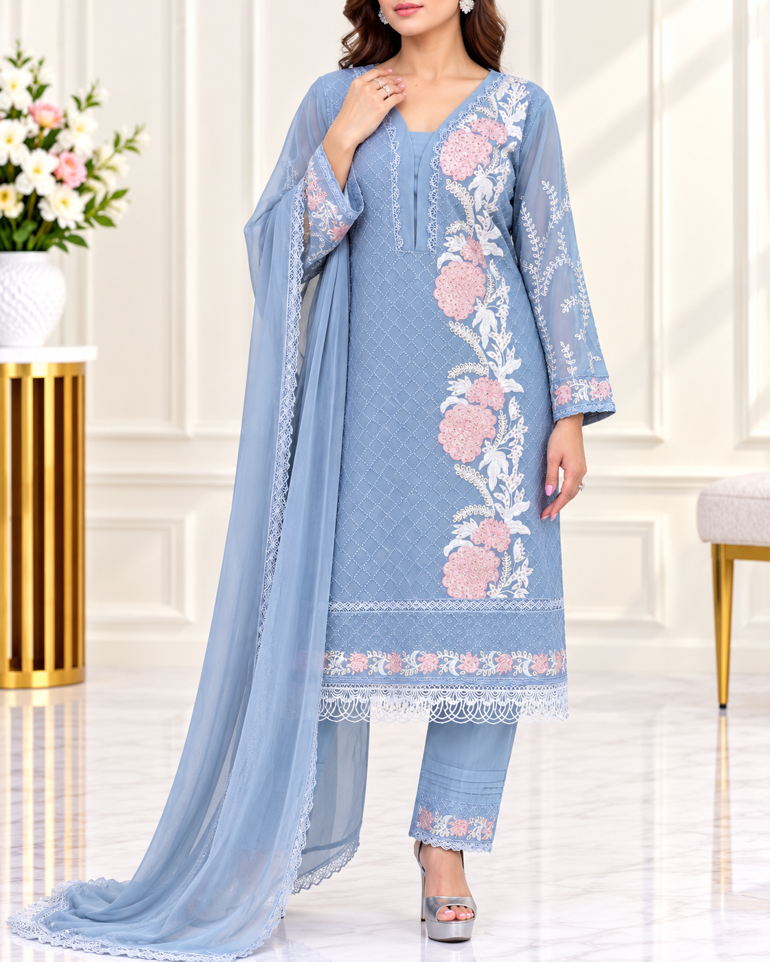 Zahra-E-Noor : Floral Embroidered Pakistani Suit Set with Dupatta