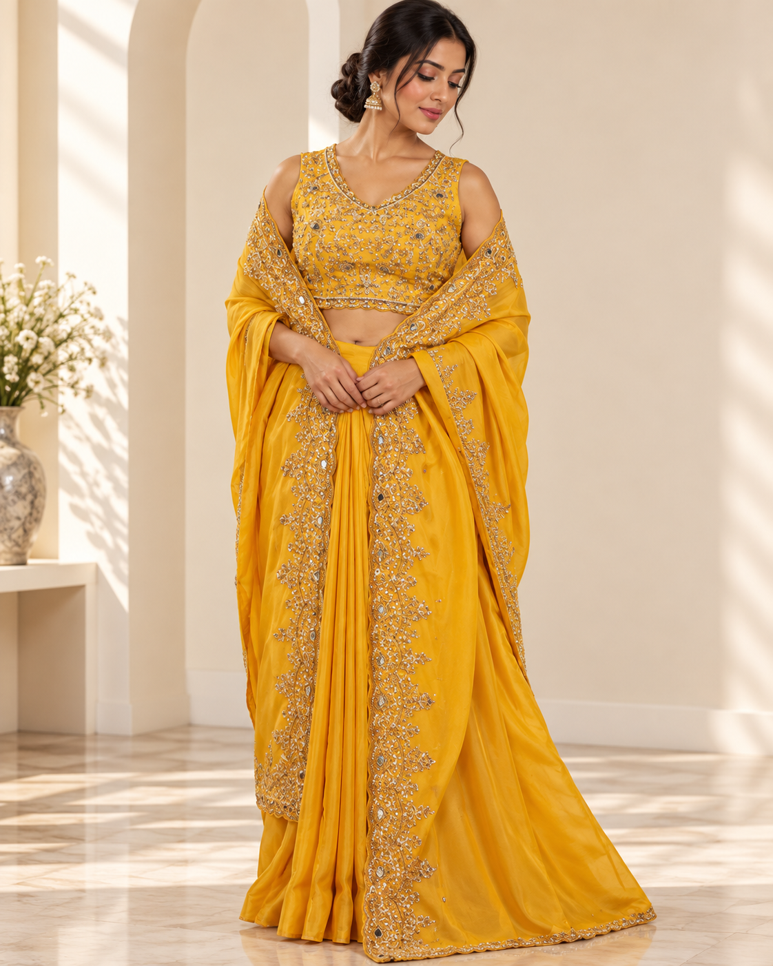 Meher-e-Noor - Yellow Crop Top with Draped Skirt