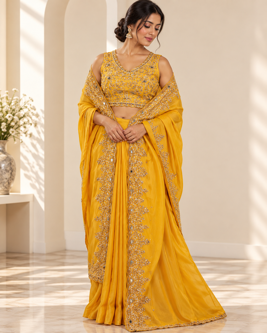 Meher-e-Noor - Yellow Crop Top with Draped Skirt