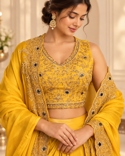 Meher-e-Noor - Yellow Crop Top with Draped Skirt