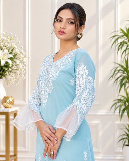Zahra-E-Noor - Ice Blue Cutwork Lattice Pakistani Suit