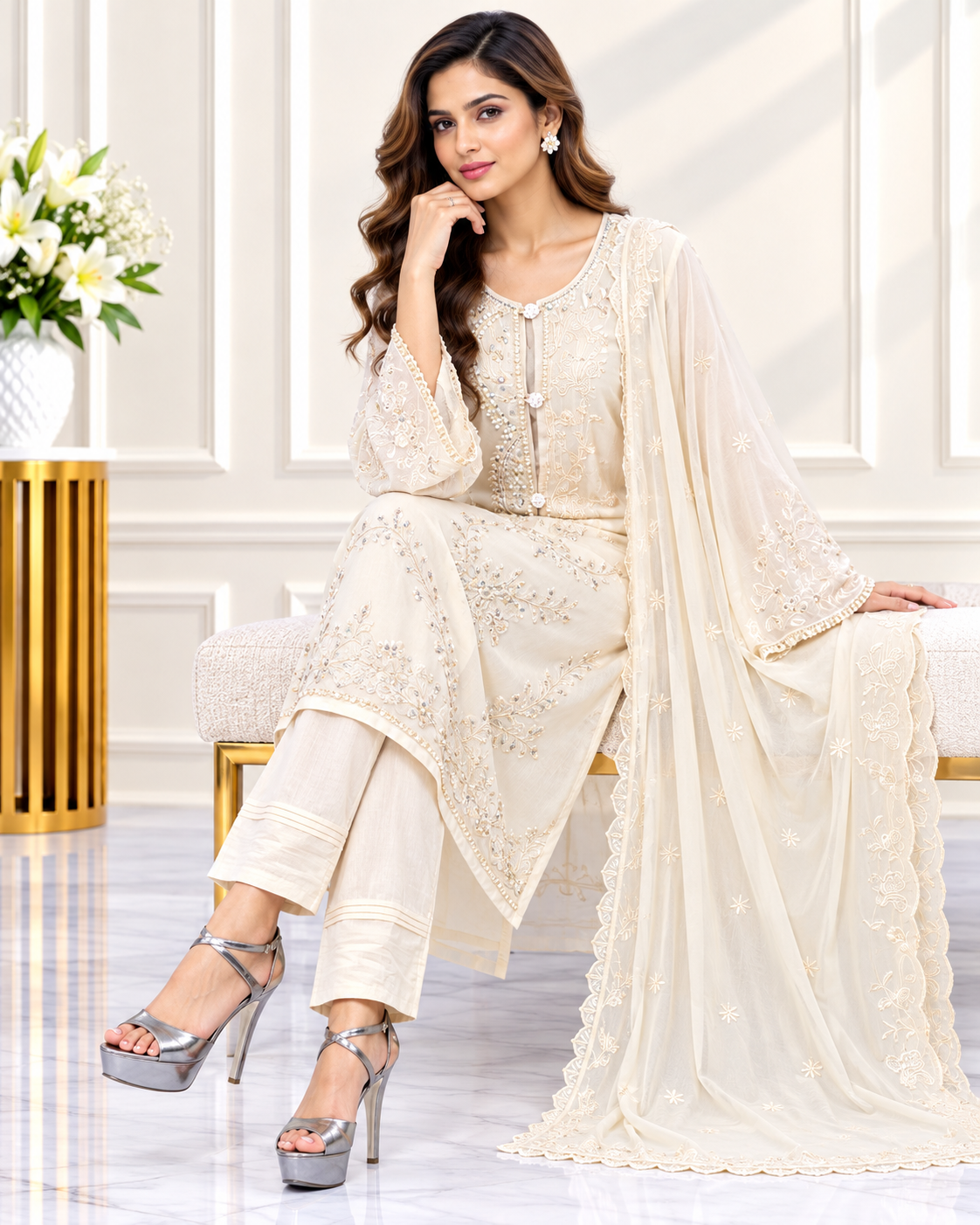 Zahra-E-Noor - Ivory Cream Vine Embroidered Suit