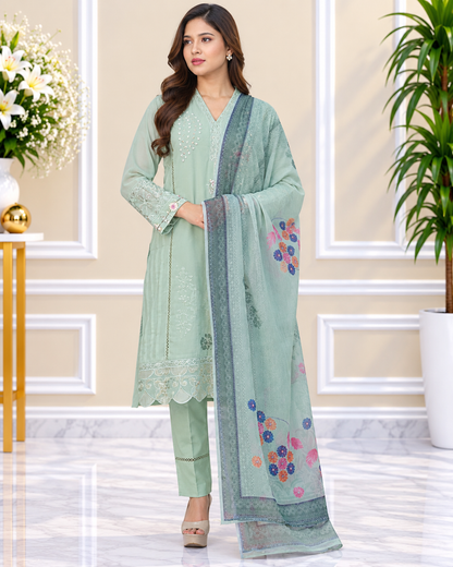 Zahra-E-Noor - Sage Green Suit with Floral Watercolor Dupatta