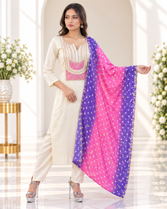 Zahra-E-Noor - Cream Kurta with Bandhani Ombre Dupatta