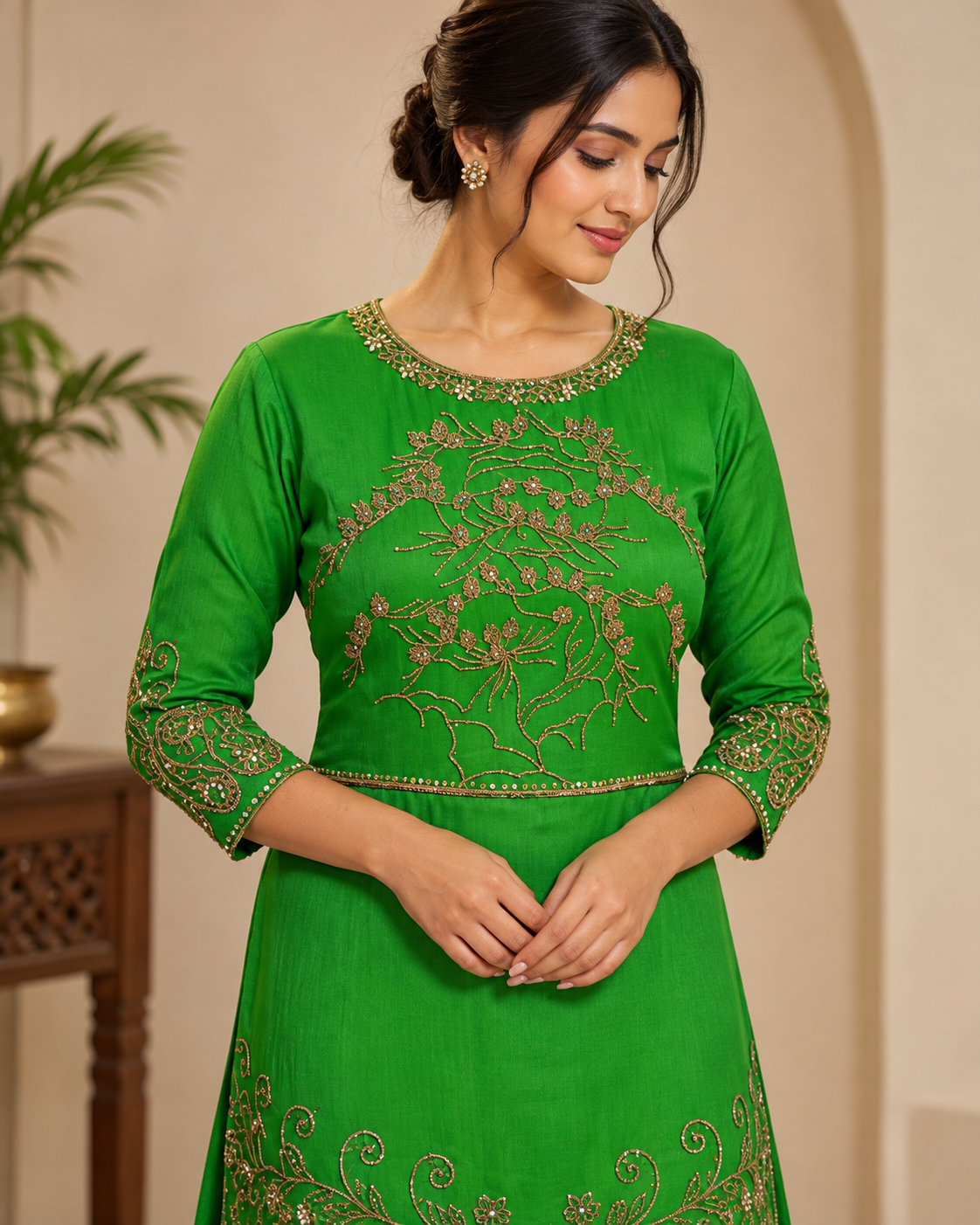 Zahra-E-Noor : Emerald Green Embroidered Anarkali Suit Set