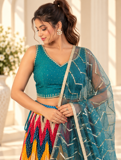 Raqs-e-Noor - Multicolor Lehenga & Embroidered Dupatta