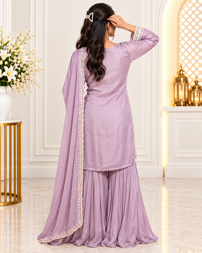 Noor-e-Mehfil - Satin Swirl Embroidered Sharara Suit