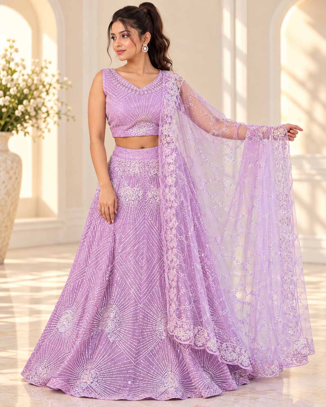 Raqs-e-Noor - Blush Lilac Embroidered Lehenga with Net Dupatta