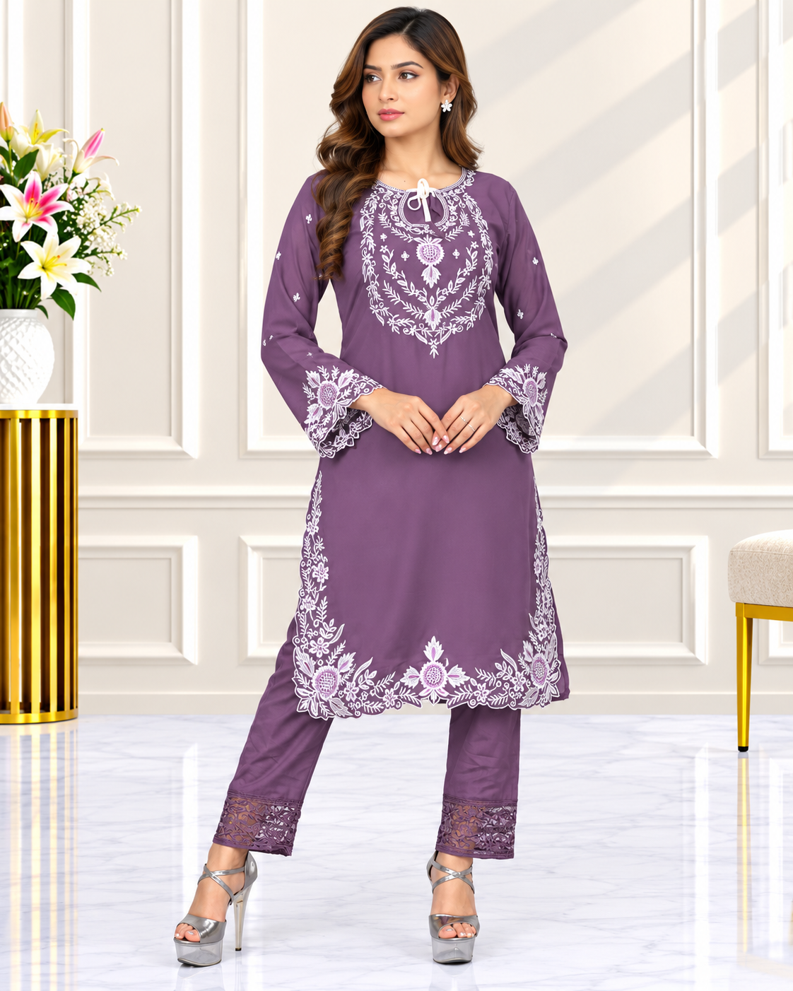 Zahra-E-Noor : Threadwork Embroidered 3-Piece Suit