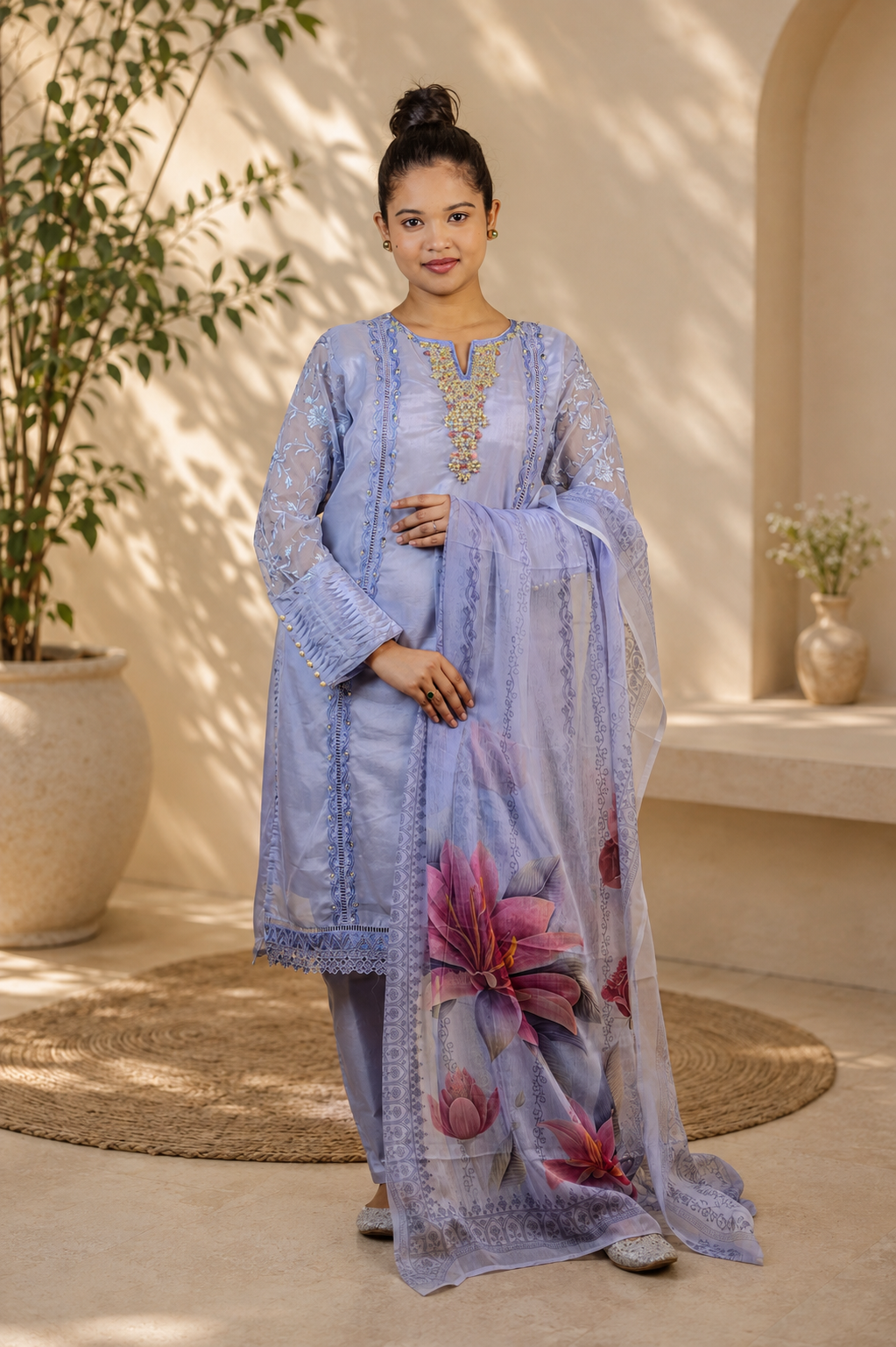 Pearl Embroidered Suit with Print Dupatta