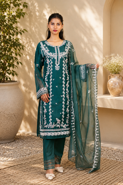 Zahra-E-Noor - Silver Embroidered Suit with Printed Dupatta