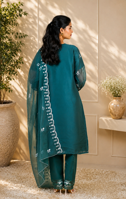 Zahra-E-Noor - Silver Embroidered Suit with Printed Dupatta