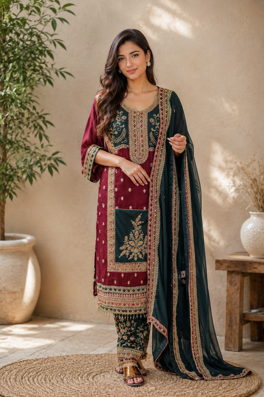 Colorblock Pakistani Kurta with Gold Embroidery
