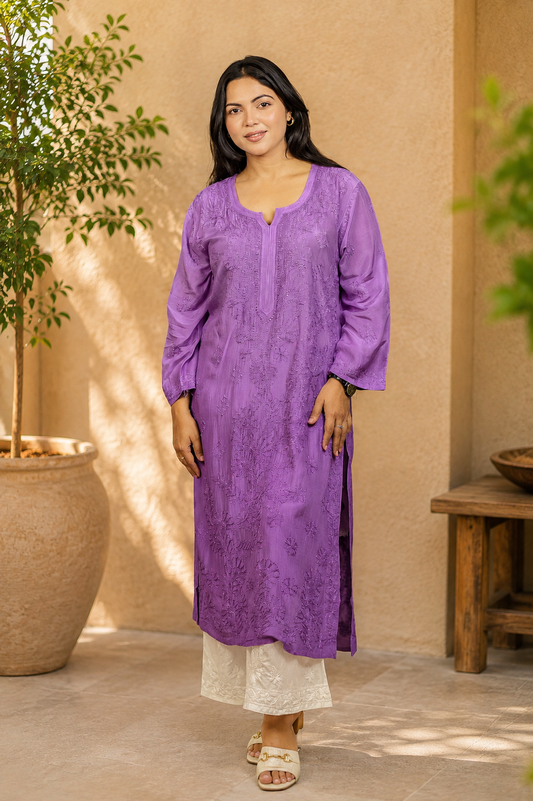 Noor-e-Lucknow - Chikankari Floral Threadwork Kurta