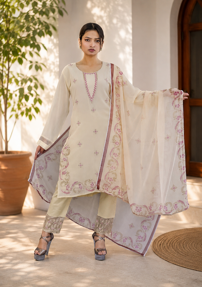 Cream Floral Embroidered Suit with Printed Dupatta